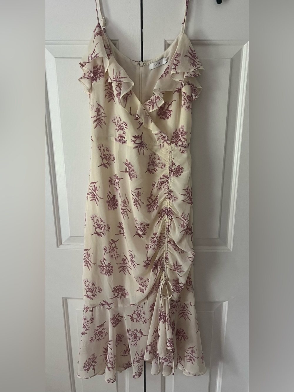 Lush Floral Cold-Shoulder Ruched Ruffle High-Low Midi Dress, Size Small